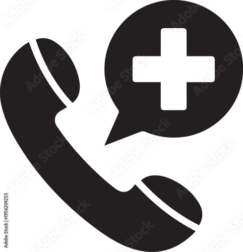 A black and white graphic icon representing medical emergency services and urgent phone assistance