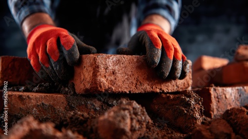 A close-up shot of hands skillfully laying bricks, showcasing the textured surfaces of wet mortar and a focus on craftsmanship in construction and masonry work.