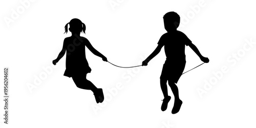 Black Vector Silhouette of a Boy and Girl Jumping Rope - Active Kids Playing Isolated on White