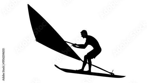 Black Vector Silhouette of a Windsurfer on Waves - Extreme Water Sports Icon Isolated on White