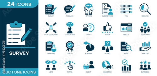 Survey icon set. Questionnaire, feedback, opinion, poll, research, data collection, satisfaction, review, response, analysis and more. Duotone vector icons collection.