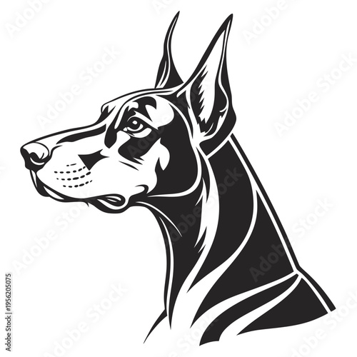 Black Doberman Dog Head Silhouette Vector - Guard Dog Mascot Profile Isolated on White Background