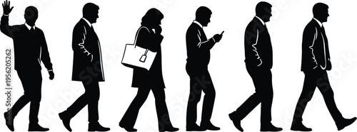 Business people silhouettes walking in line, corporate professionals with briefcase and smartphone, office workers in formal attire isolated illustration