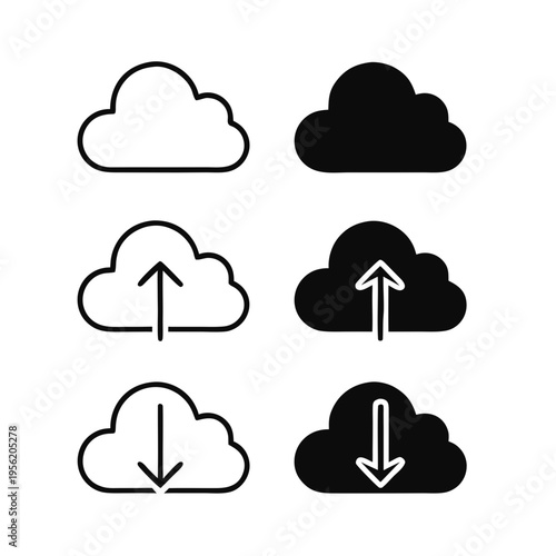 Minimalist Cloud Computing Icons Set – Upload Download Cloud Symbols, Flat Vector Black and White, Modern UI Line Icons Collection