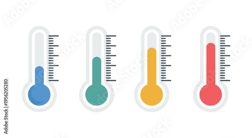 thermometer icon set, temperature symbol vector icons isolated on white background, minimal clean design, flat style illustration, modern ui elements for weather forecasting, climate control 