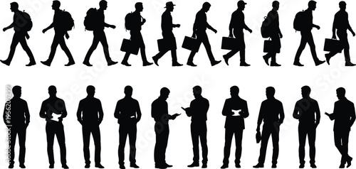 People silhouettes set, walking and standing figures with backpacks and briefcases, casual and business lifestyle characters, isolated black illustration