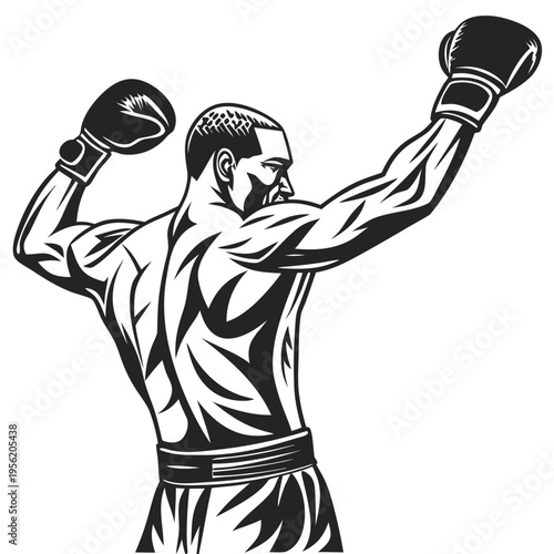 Black Vector Silhouette of a Boxer Athlete from the Back with Raised Boxing Gloves Isolated on White