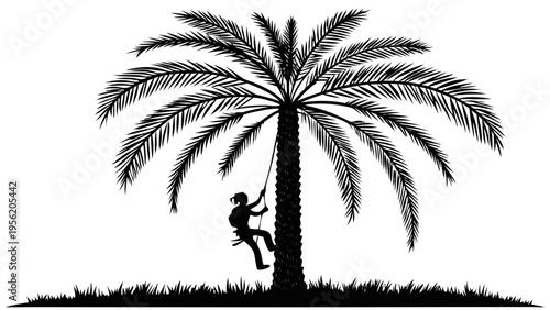 Black Vector Silhouette of a Female Climber Scaling a Tropical Palm Tree Isolated on White