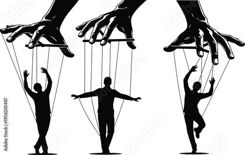 PrintBlack silhouette of giant puppet master hands controlling human marionettes with strings on white background conceptual illustration of power manipulation and authority influence (24 words)