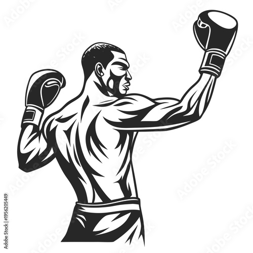 Black Vector Silhouette of a Boxer Athlete from the Back with Raised Boxing Gloves Isolated on White