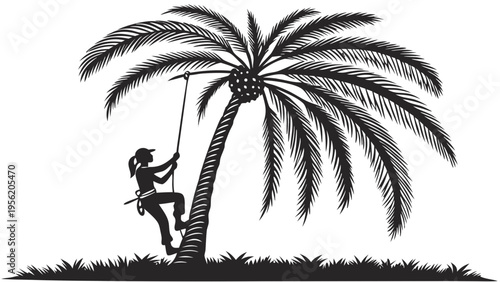 Black Vector Silhouette of a Female Climber Scaling a Tropical Palm Tree Isolated on White
