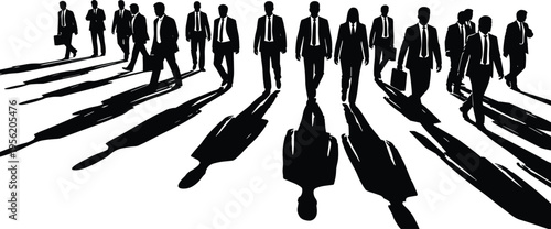Business people silhouettes walking forward with long shadows, corporate team leadership concept, professional office workers in formal attire isolated