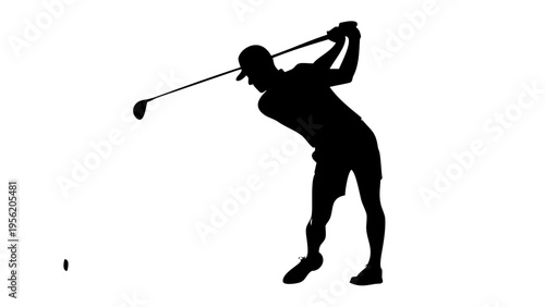 Minimalist Black Vector Silhouette of a Male Golfer Finishing Swing Isolated on White