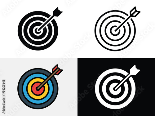 Target Arrow Bullseye Icon Set Vector with Solid Outline and Color Variations