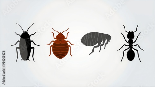 A collection of four distinct, common household insect pests is depicted in a clear, simplified, and stylized vector illustration, showcasing easily recognizable forms of a cockroach, a bed bug, a