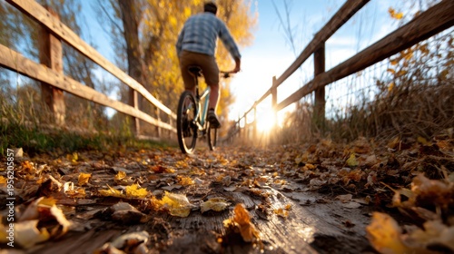 A cyclist pedals along a leaf-strewn path amidst a stunning autumn landscape, capturing the essence of adventure, nature, and the fleeting beauty of seasonal change.