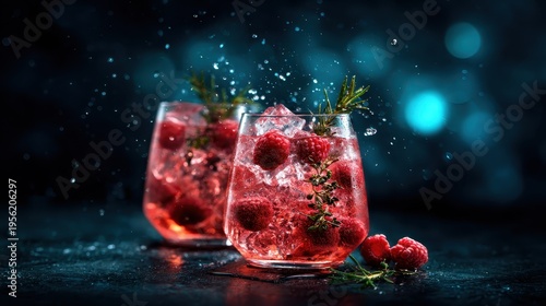 Two glasses filled with refreshing raspberry drinks collide with ice, creating a splash that captures the essence of summer and evokes feelings of joy and celebration with vibrant colors.