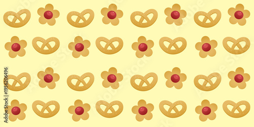 Seamless pattern featuring sweet cookies shaped like pretzels and simple flowers with jam centers arranged on a soft yellow background, creating a playful bakery themed design.