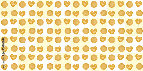 Seamless pattern with small baked snacks including heart shaped cookies and round biscuits arranged in a warm golden palette.