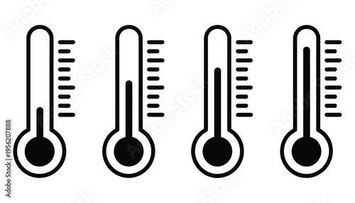 thermometer temperature icon set, hot and cold temperature symbol vector, modern design thermometer icons, clean minimal flat style, ui elements for weather forecasting and climate control application