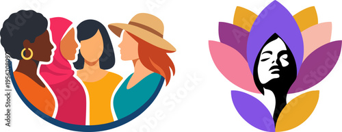 Diverse Women Vector Set featuring Multicultural Female Group and Stylized Lotus Flower Beauty Portrait