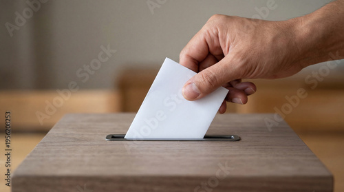 Deciding the future as a voter's hand carefully guides a pristine white ballot into a rustic wooden election box