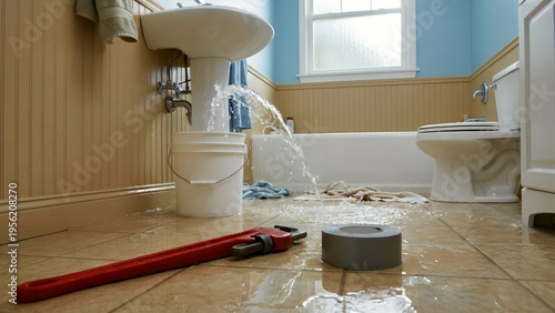 Severe bathroom plumbing leak causes water to stream from the pedestal sink basin directly into a white collection bucket below