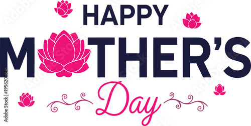 Happy Mothers Day Typography with Pink Lotus Flowers