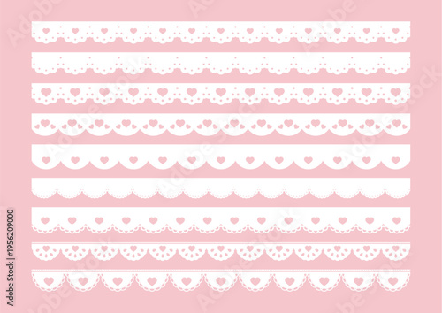 かわいいハートのレースのライン素材　Heart lace vector illustration set