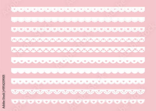 かわいいハートのレースのライン素材　Heart lace vector illustration set