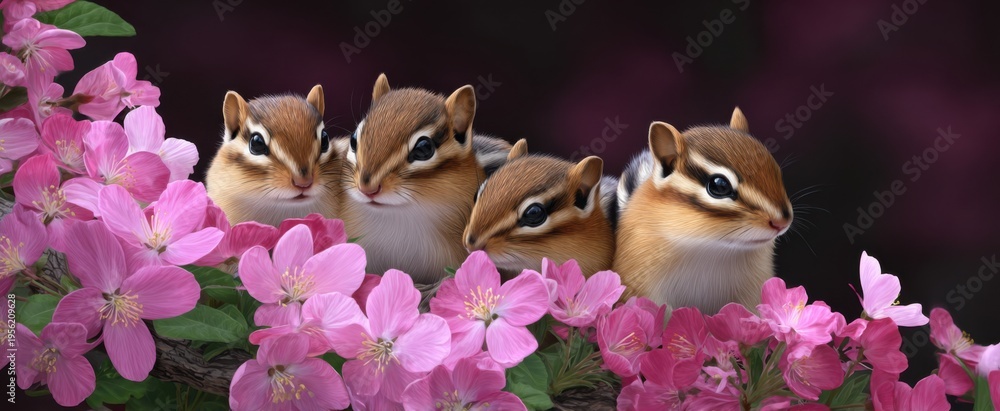 Obraz premium Adorable chipmunks nestle among vibrant spring blossoms in this charming scene.