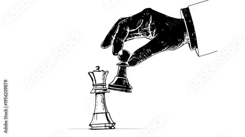 Animation of hand holding black chess pawn figure and knocking down the white queen. Business concept of checkmate strategy and game