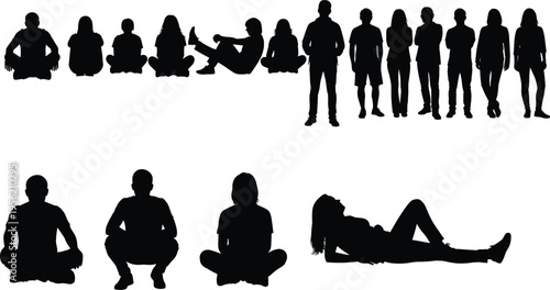 WebLarge collection of black people silhouettes in various poses including standing, sitting, squatting, and lying down isolated on white background for creative graphic design projects.