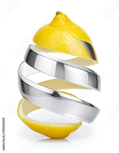 Creative lemon peel concept with silver spiral, vibrant and fresh.