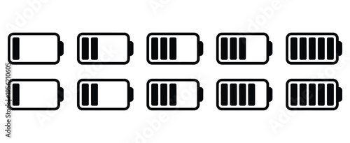 vector battery icon set, battery gauge and charge status symbols, almost full battery glyph icons on white background, clean minimal flat design, modern ui ux illustration for energy and device power 