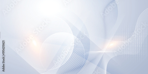 Abstract light blue and white background with flowing waves, circles, dot pattern and glowing light for modern technology presentation design