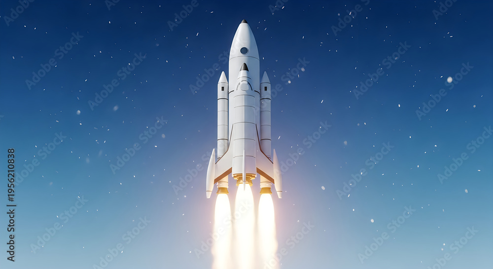 Naklejka premium Space rocket launch into starry night sky with bright flames and smoke trail for space exploration
