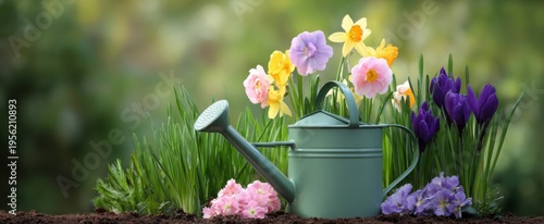 Wallpaper Mural Spring flowers and a watering can for seasonal garden care and lawn maintenance tasks. Torontodigital.ca