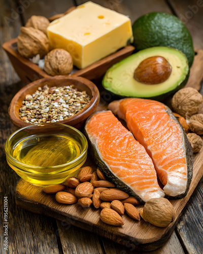 Healthy food preparation salmon avocado nuts and olive oil on cutting board