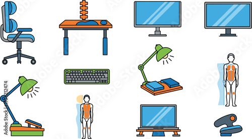 Ergonomic Office Setup and Correct Posture Workstation Icon Set