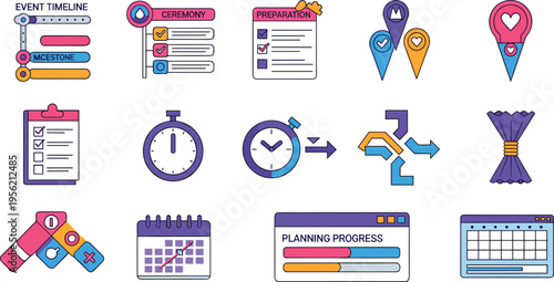 Event Timeline and Wedding Preparation Planning Icon Set