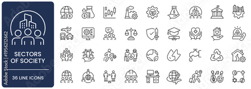 Sector of Society icon set in line style. Collection of social, community, government, industry, economy, education, healthcare, finance, business, Outline, Editable Stroke, Vector illustration.