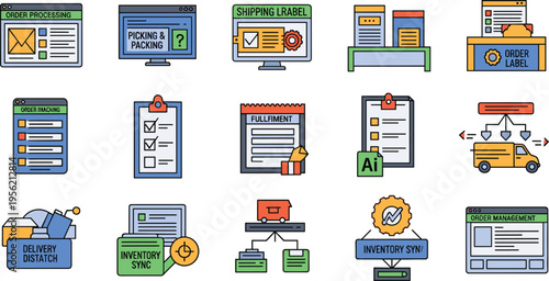 Order Processing and Inventory Management Logistics Icon Set