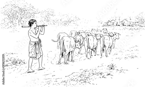  AI Generated Shepherd Boy Returning Home with Cows at Rural Sunset Dusty Path Line Art