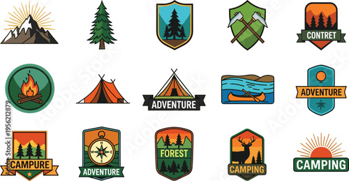 Outdoor Camping and Mountain Adventure Badge Icon Set