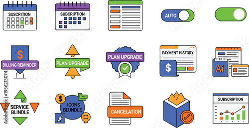 Subscription Management and Digital Payment Plan Icon Set