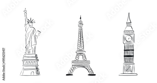 Hand-drawn landmarks of different countries
