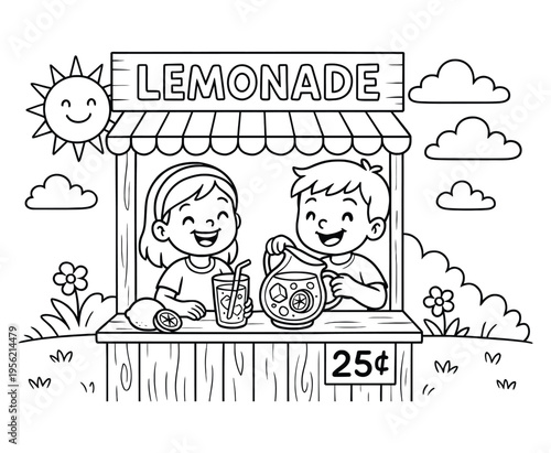 Coloring page of kids selling fresh lemonade at wooden stand during sunny summer afternoon
