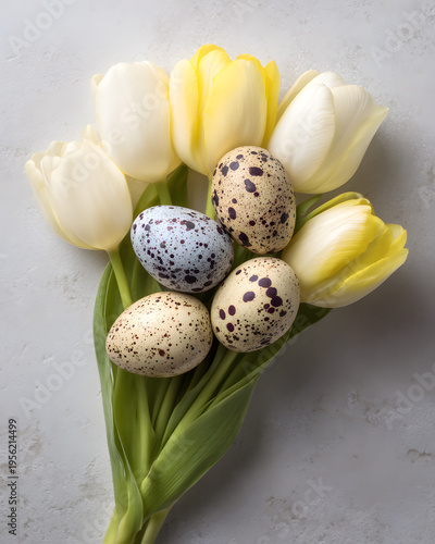 Spring celebration colorful easter eggs and tulips arrangement home floral art