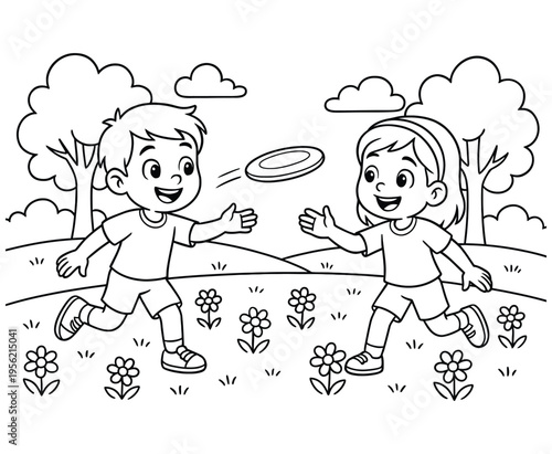 Boy and girl playing frisbee in flower field coloring page for kids creative art activity